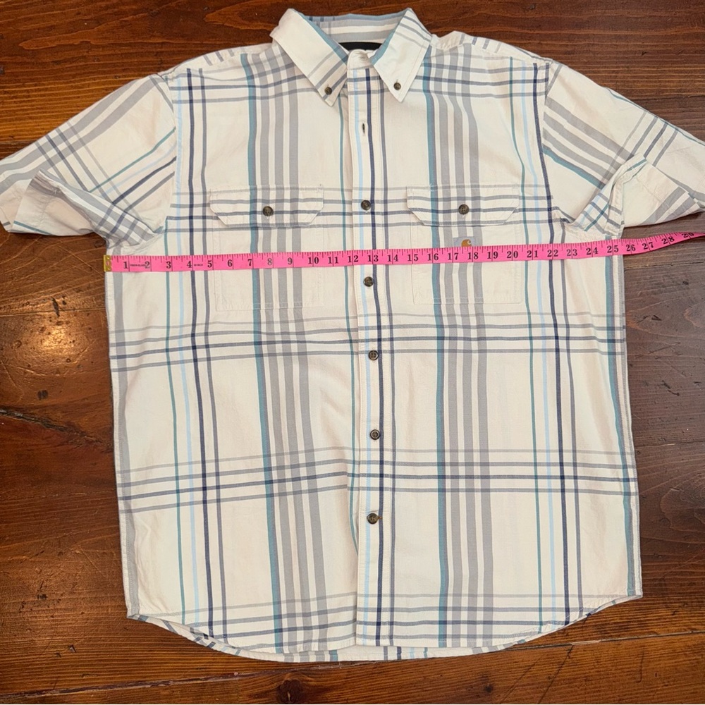 Carhartt Cream and Blue Casual Short Sleeve- Button Down-‎ Loose Fit- Size Large - Picture 9 of 10